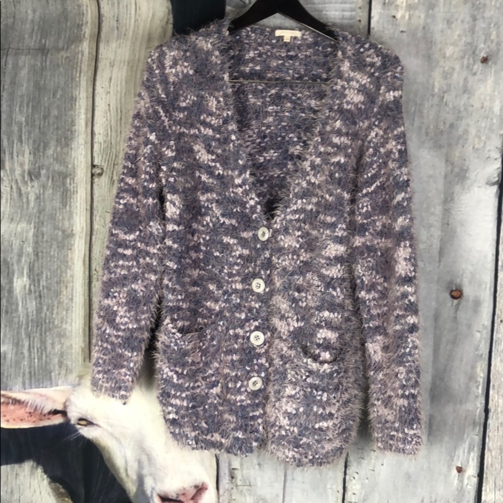 Morning Apple Women Fuzzy V Neck Sweater Sz Large